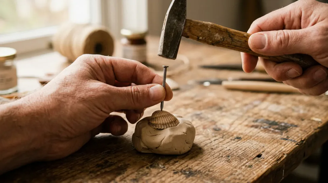 Coquillage posé sur de la pâte à modeler avec un clou prêt à percer, sans perceuse
