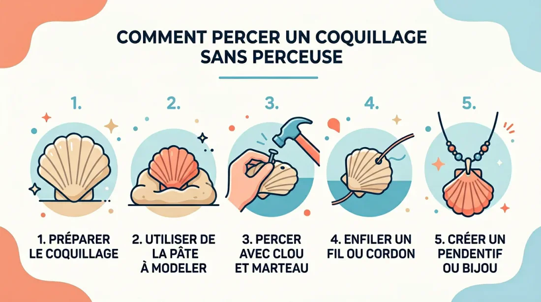 Coquillage posé sur de la pâte à modeler avec un clou prêt à percer, sans perceuse