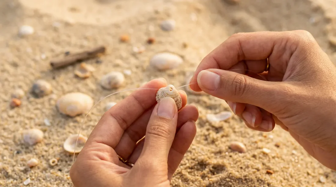 Coquillage posé sur de la pâte à modeler avec un clou prêt à percer, sans perceuse