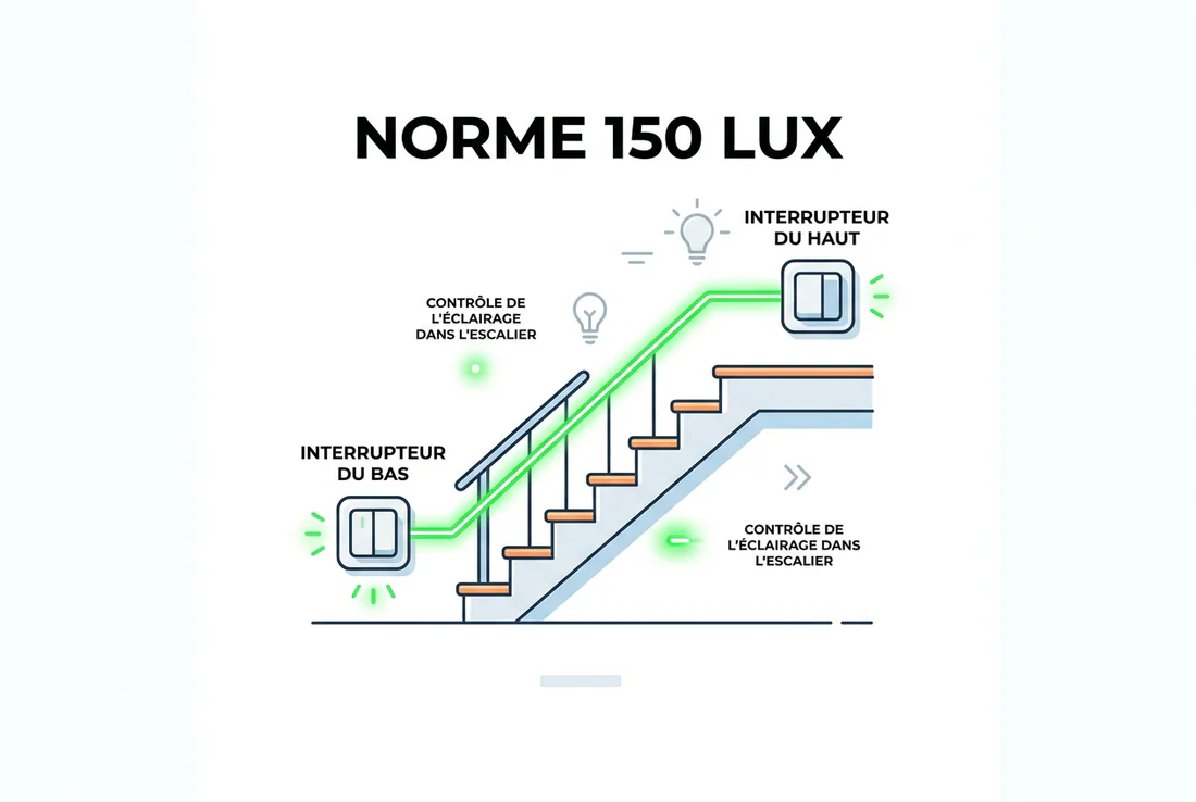 Mesure de la luminosité d'un escalier avec un luxmètre pour vérifier la conformité aux normes.