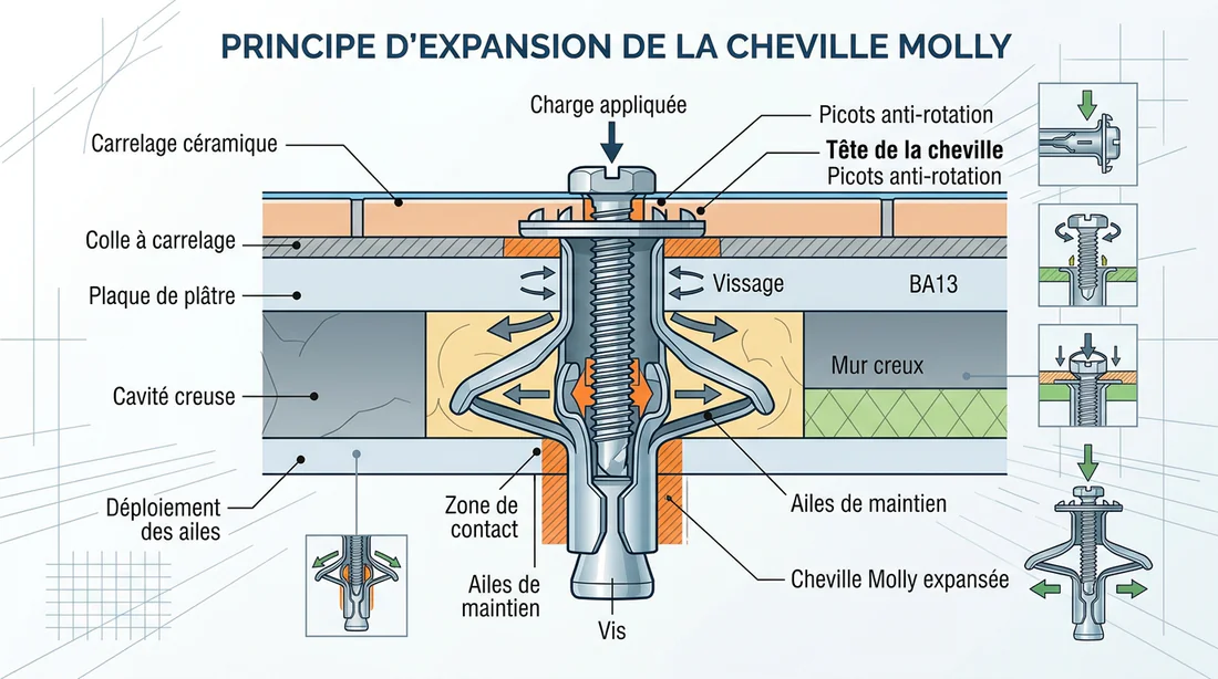 Fixation d'un miroir lourd sur un mur carrelé grâce aux chevilles Molly.