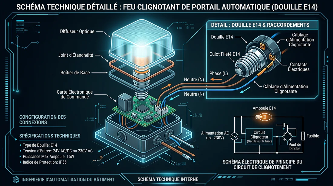 Schéma technique des composants internes et de la douille E14 d'un gyrophare CAME.