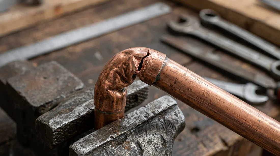 Chauffage d'un tuyau en cuivre au chalumeau pour le ramollir avant le pliage.