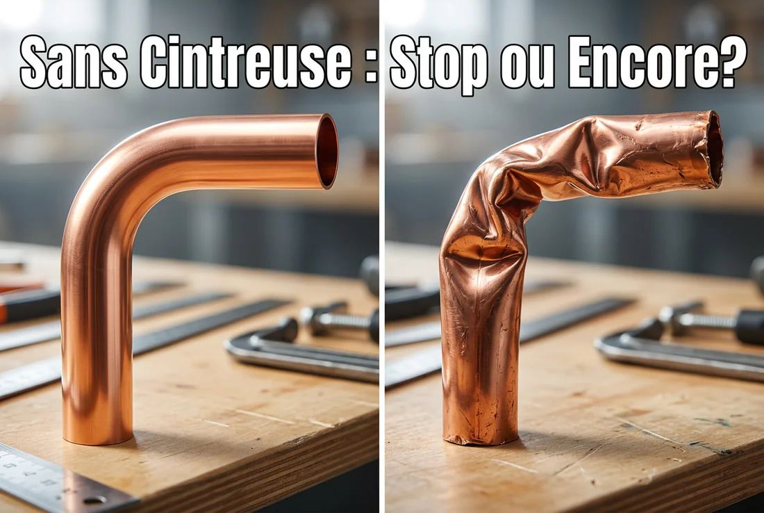 Gros plan sur un tuyau en cuivre fissuré après une tentative de pliage manuel ratée.