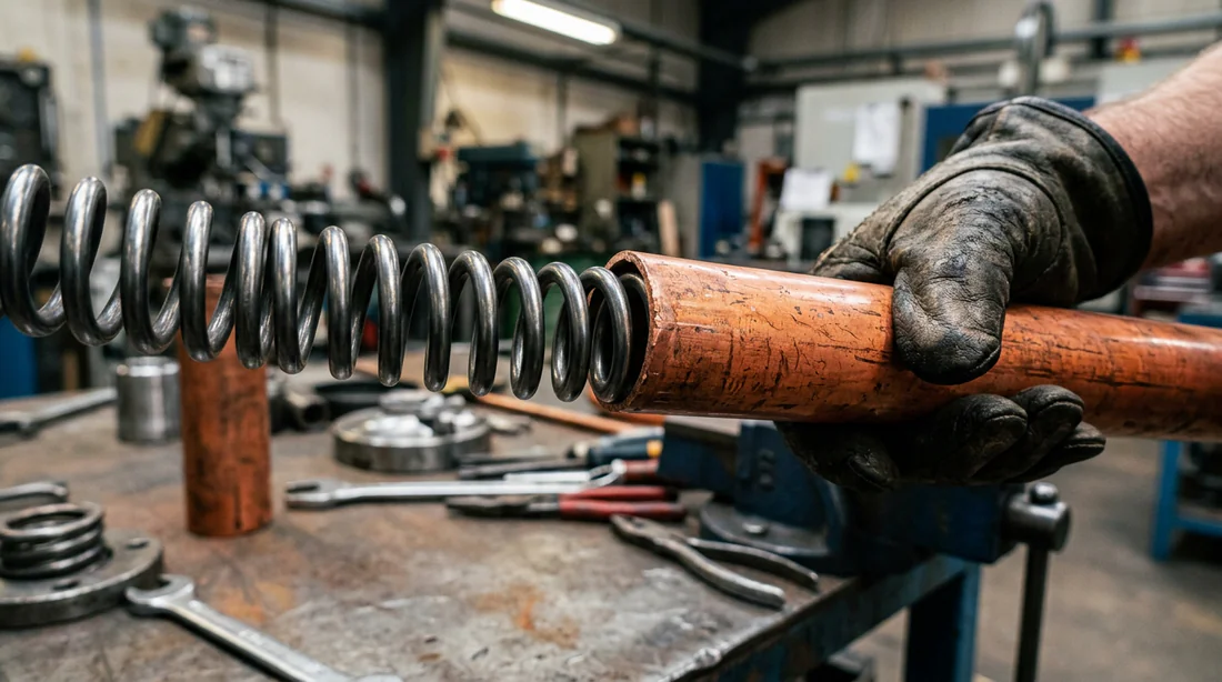 Insertion d'un ressort de cintrage à l'intérieur d'un tube en cuivre.