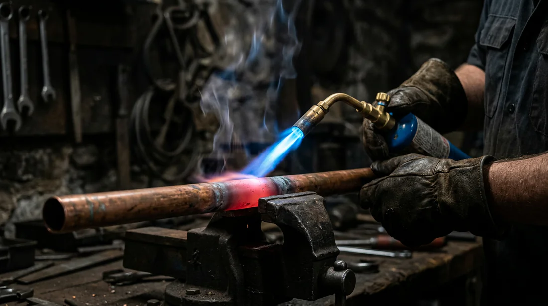 Remplissage d'un tuyau en cuivre avec du sable fin pour stabiliser les parois.