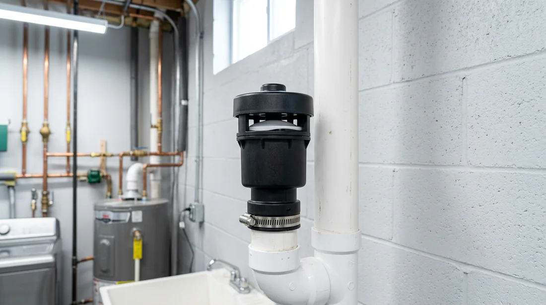 Aérateur à membrane installé sur une tuyauterie domestique.