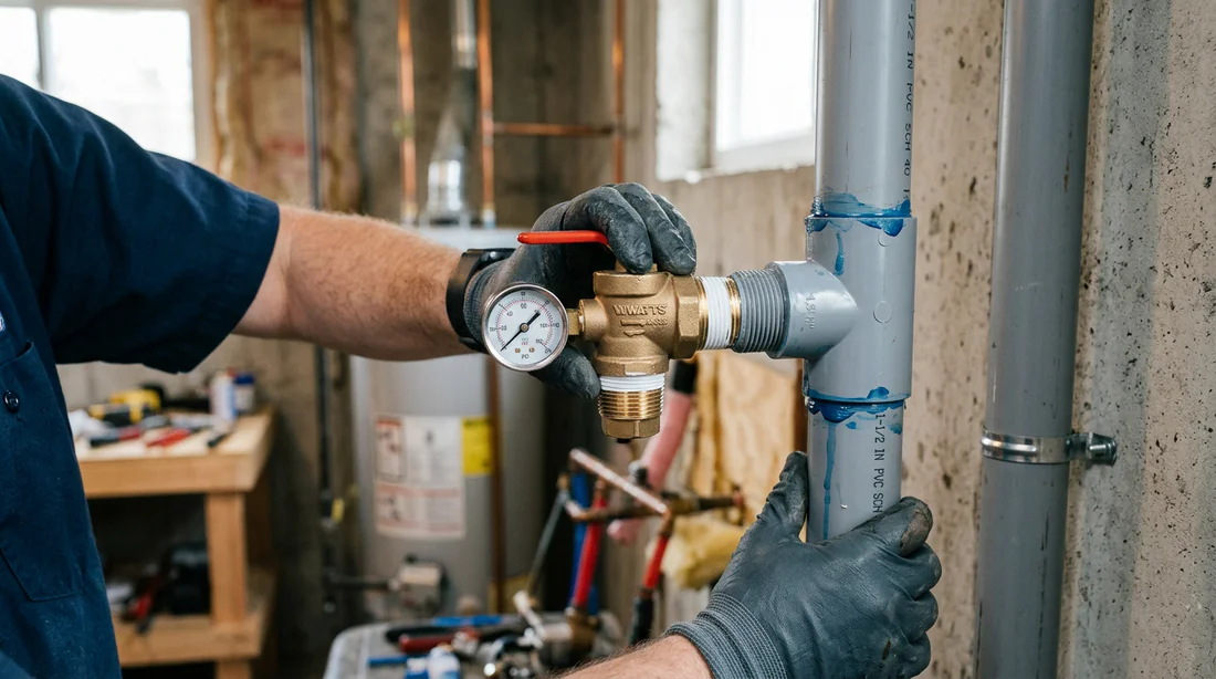 Installation d'un clapet équilibreur sur une colonne d'évacuation en PVC.