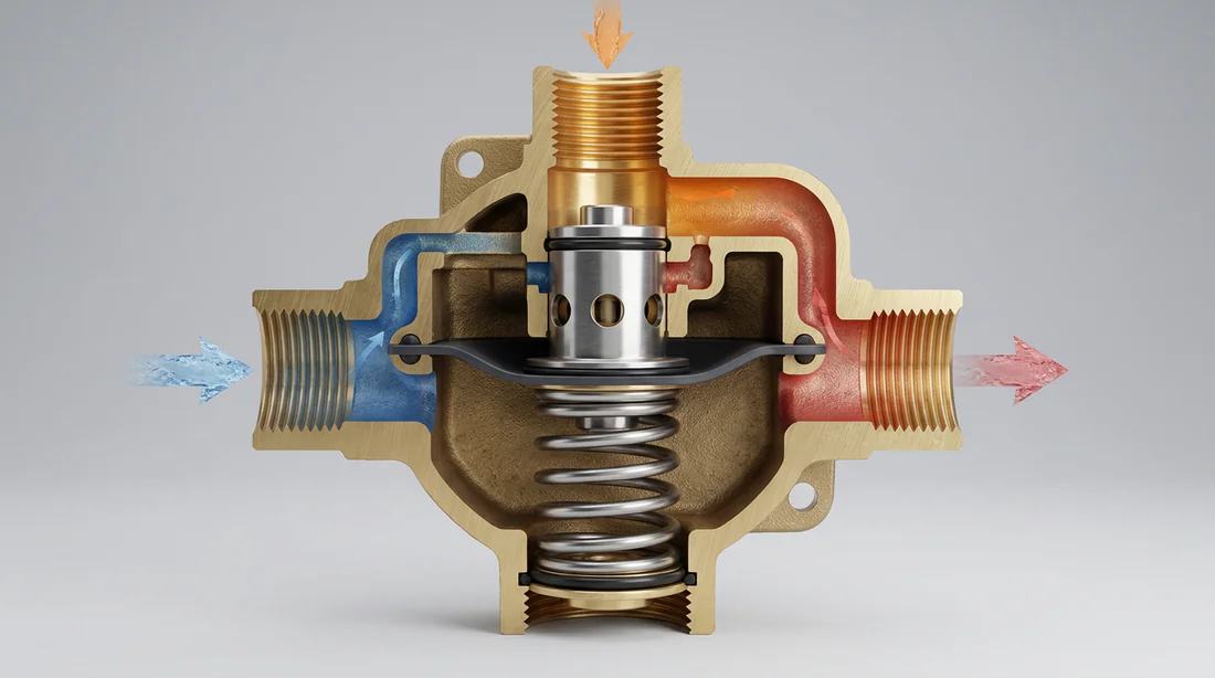 Vue en coupe du mécanisme interne d'un clapet équilibreur de pression.