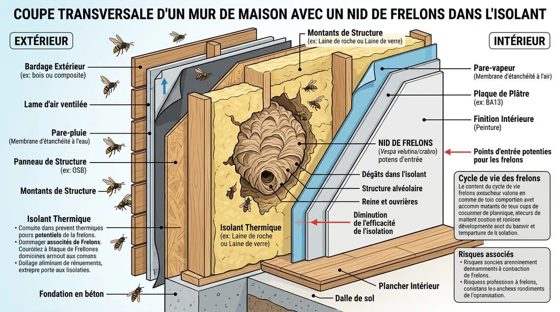Comparaison visuelle entre un frelon européen et un frelon asiatique sur un mur.