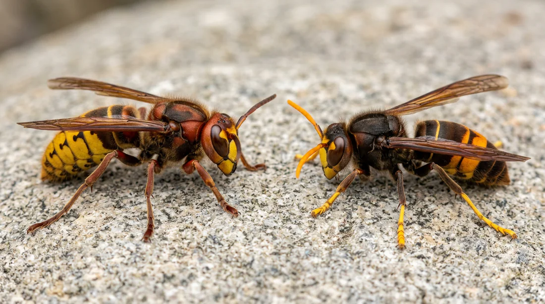 Expert en désinsectisation en tenue de protection traitant un nid dans un mur.