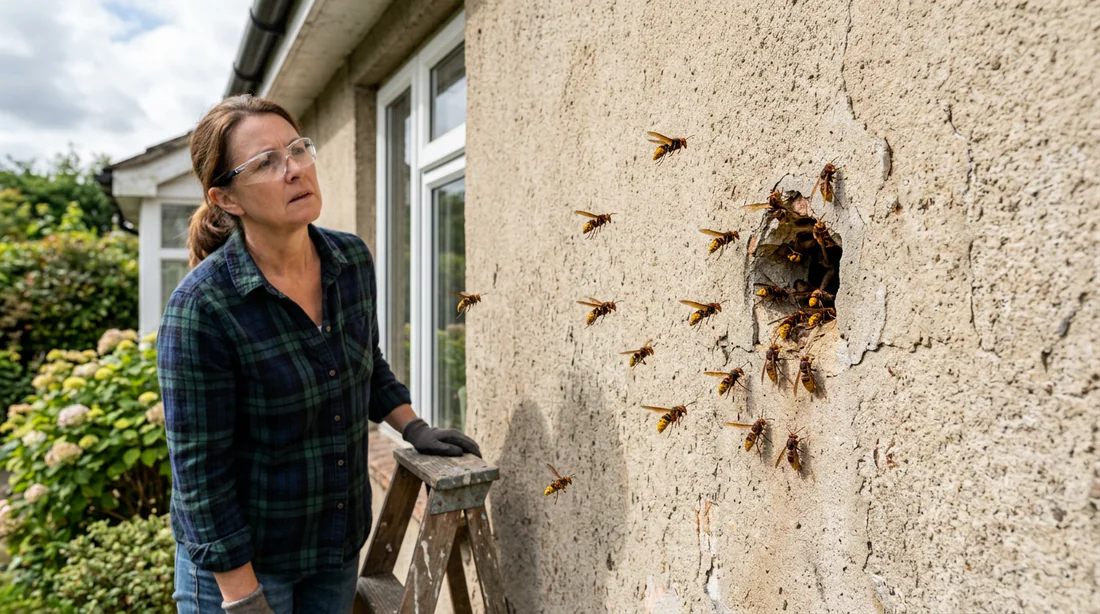 Schéma en coupe d'un mur montrant un nid de frelons dans l'isolation.
