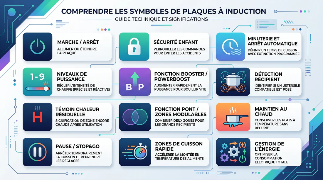 Infographie explicative des symboles et codes de diagnostic pour plaque induction.