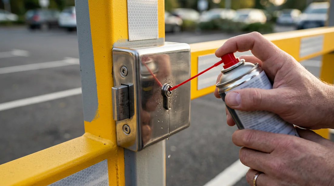 Entretien et lubrification de la nouvelle serrure d'arceau de parking.