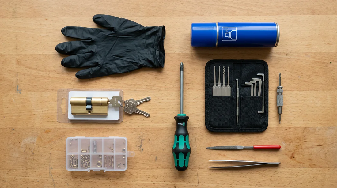 Une serrure d'arceau de parking rouillée et forcée nécessitant un remplacement.