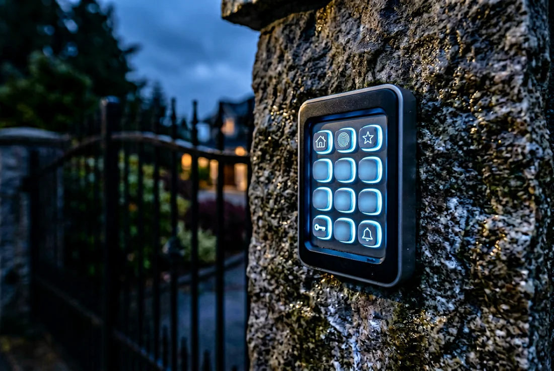 Saisie d'un code de sécurité sur un clavier de portail automatique.