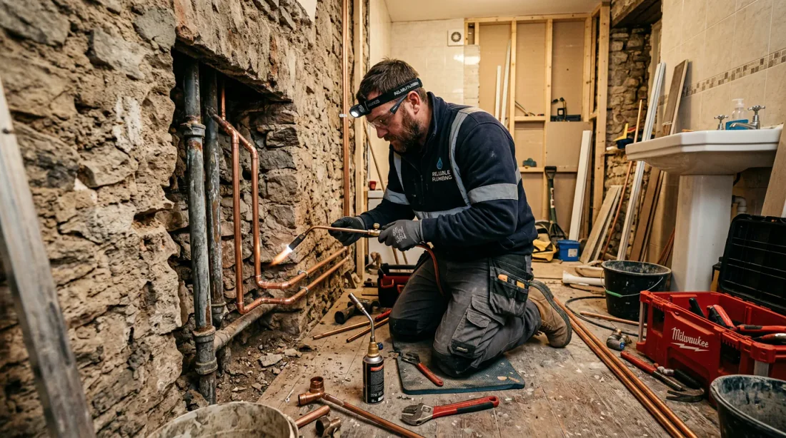 Gros plan sur un tuyau en plomb oxydé et un tuyau en cuivre avec raccord en laiton
