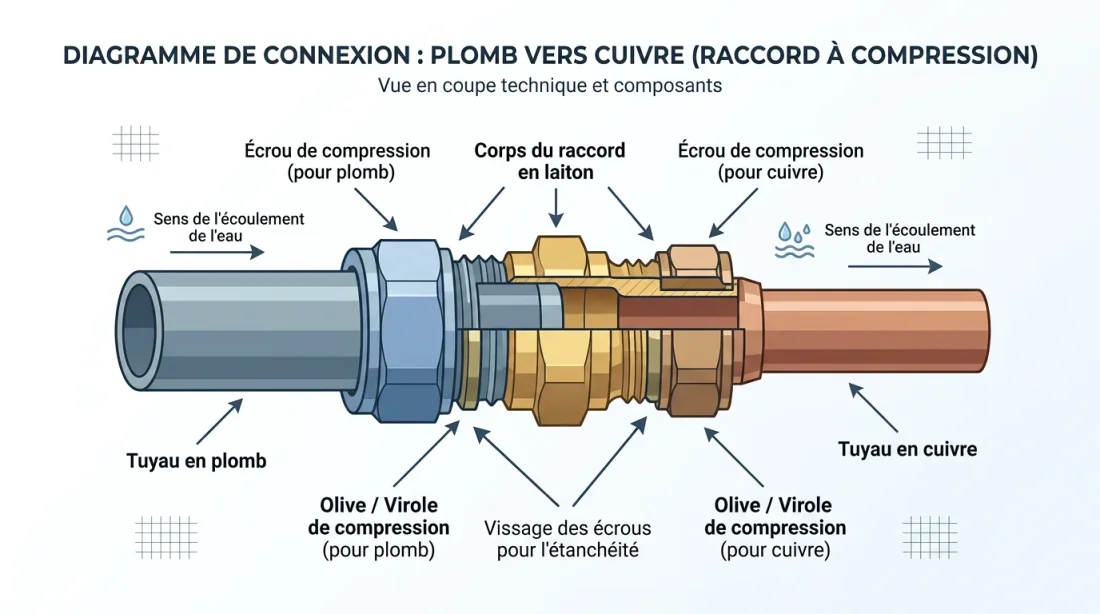 Gros plan sur un tuyau en plomb oxydé et un tuyau en cuivre avec raccord en laiton