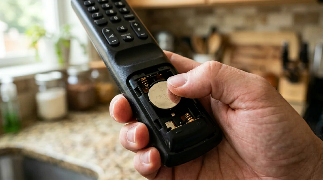 Remplacement de la pile bouton d'une télécommande de hotte de cuisine.