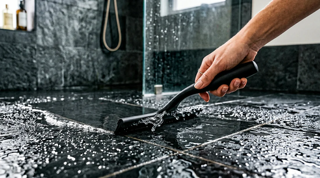 Utilisation d'une raclette après la douche pour éviter les traces de calcaire.