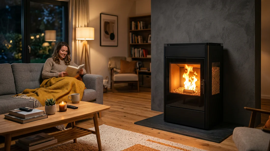 Poêle à granulés en fonctionnement dans un salon moderne et chaleureux.