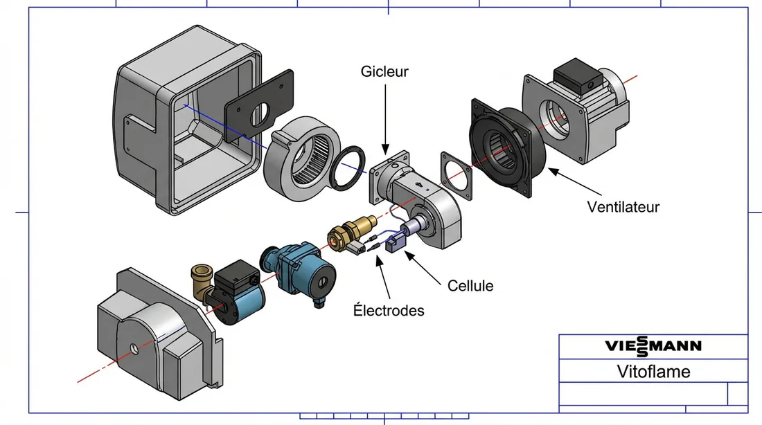 Schéma technique d'un brûleur fioul Viessmann avec gicleur et électrodes
