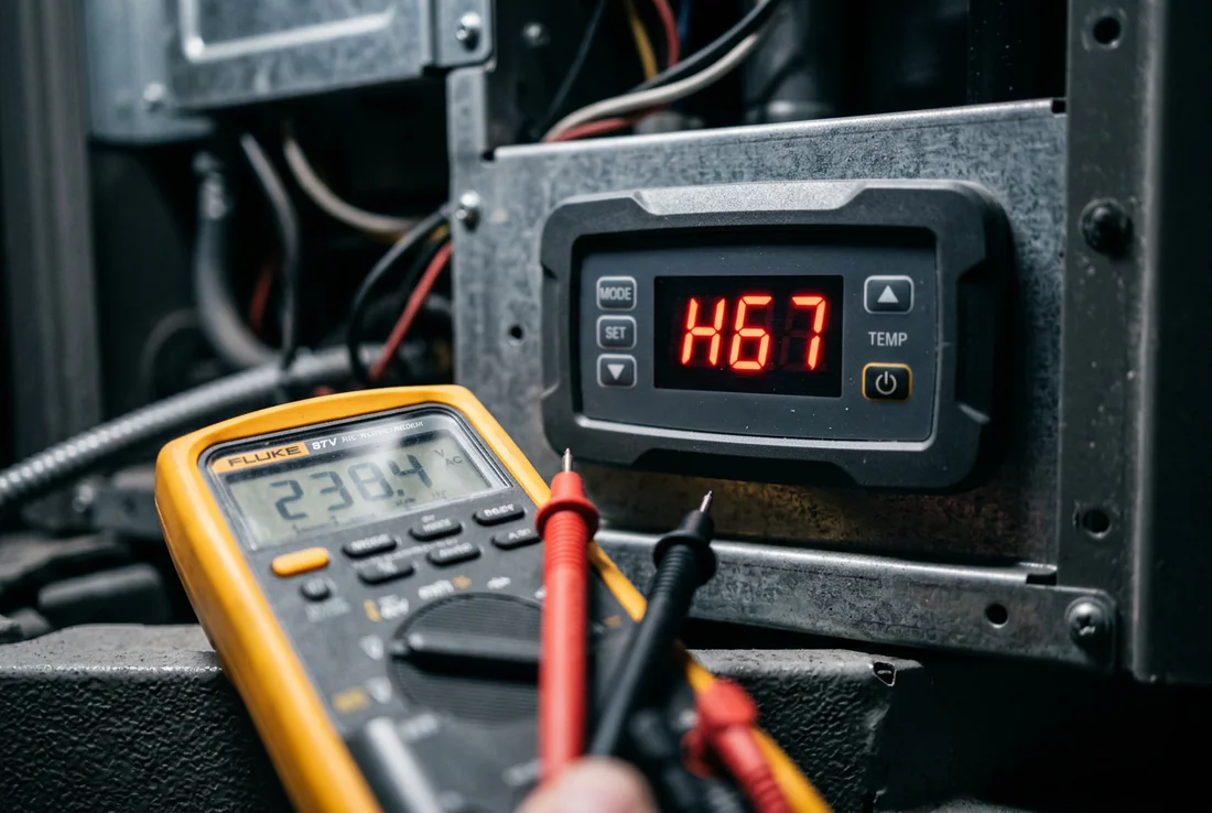 Technicien chauffagiste analysant la signification du code H67