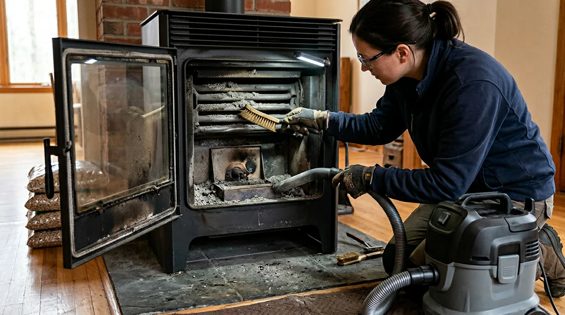 Nettoyage manuel du brasier d'un poêle Moretti Design.