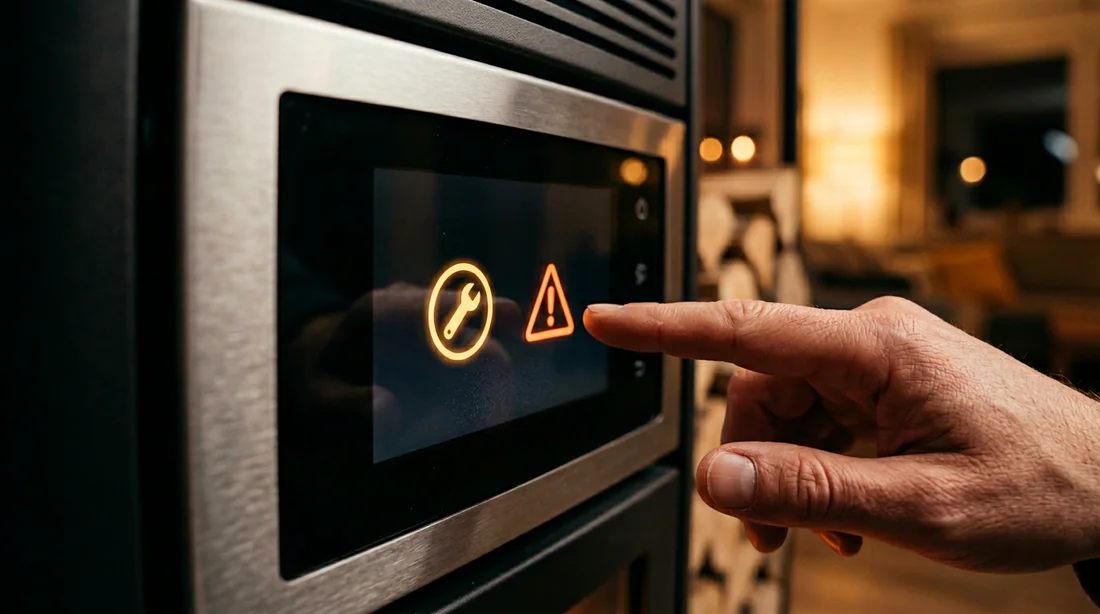 Symboles de statut et erreurs sur l'écran électronique d'un poêle.