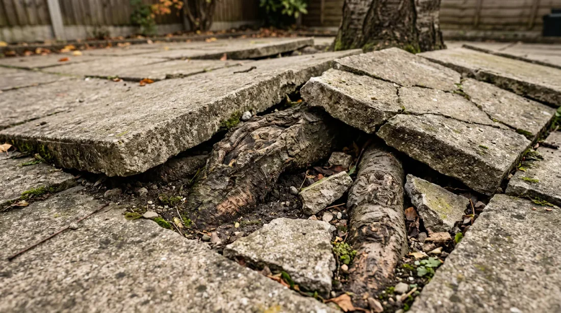 Racines de cerisier fissurées dans un mur de fondation en béton – danger structurel