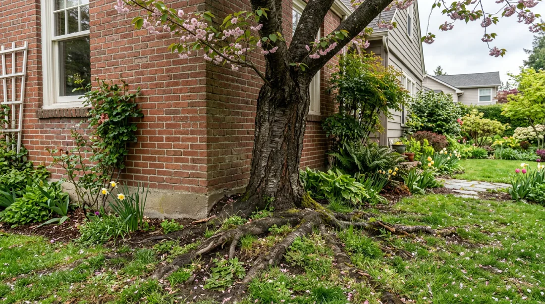 Racines de cerisier fissurées dans un mur de fondation en béton – danger structurel
