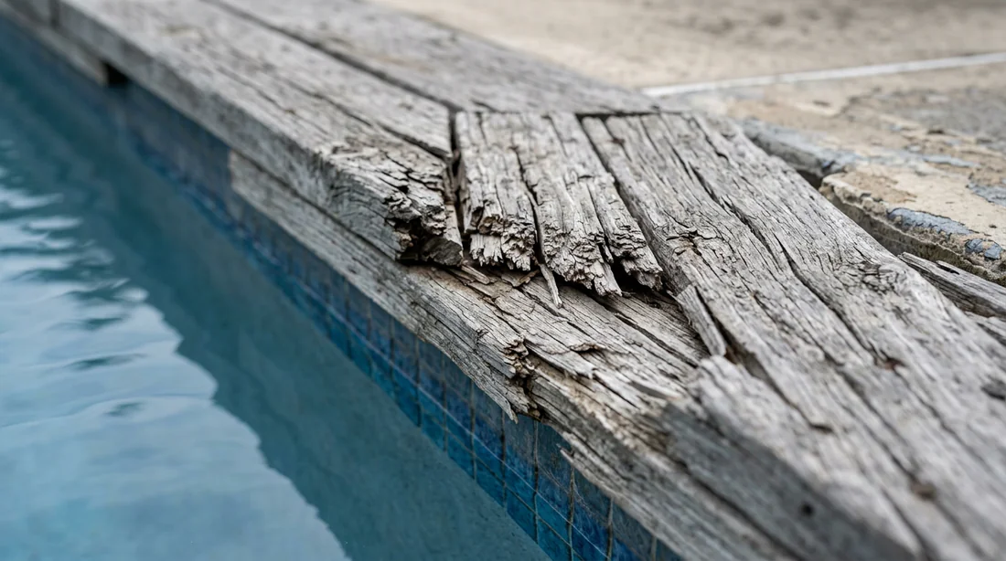 Anciennes margelles de piscine en bois usées et fissurées
