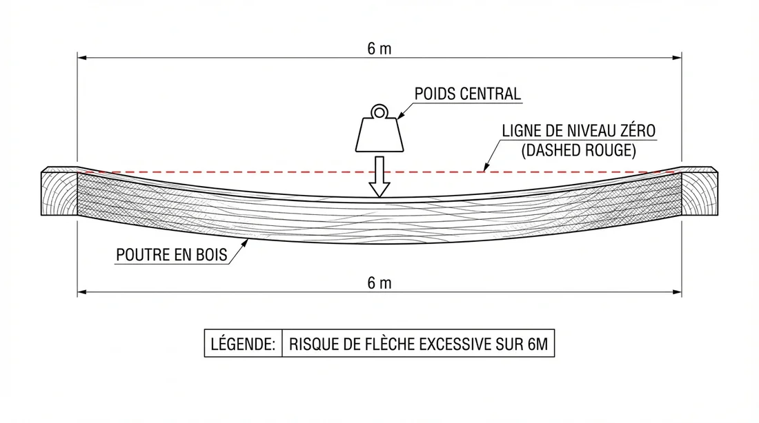 Schéma technique montrant la flexion et la flèche d'une poutre de 6 mètres