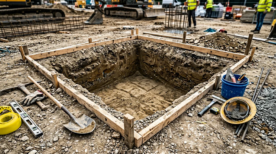 Coulage du béton de scellement autour du pied de poteau IPN.
