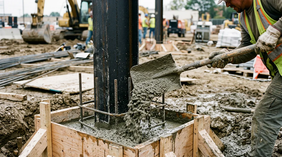 Trou de fondation carré creusé pour recevoir un poteau métallique.