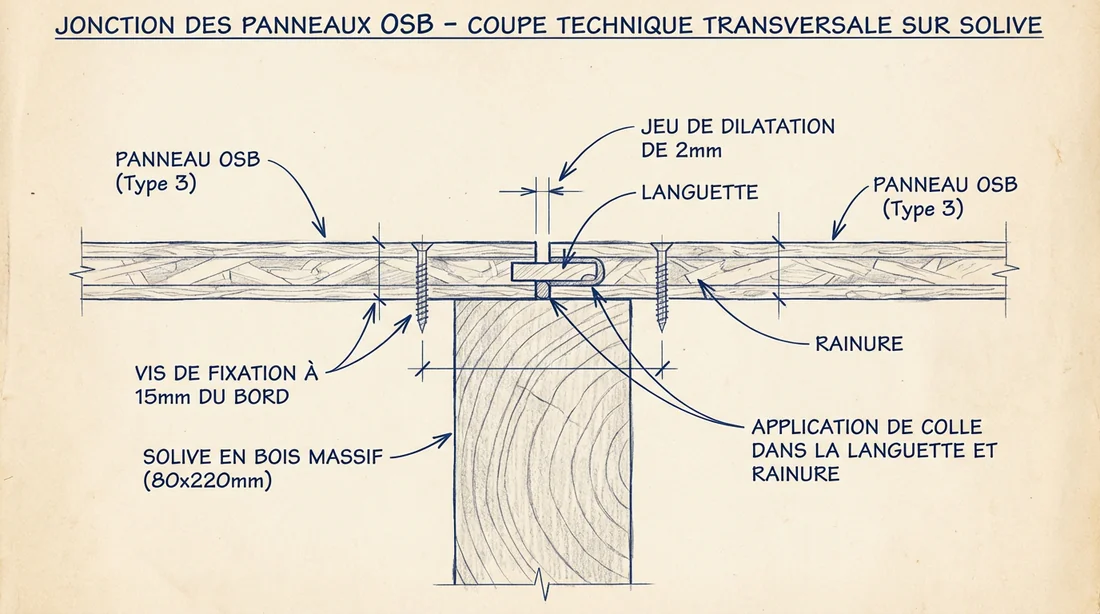 Schéma de détail des règles de pose : dilatation, vissage et collage OSB