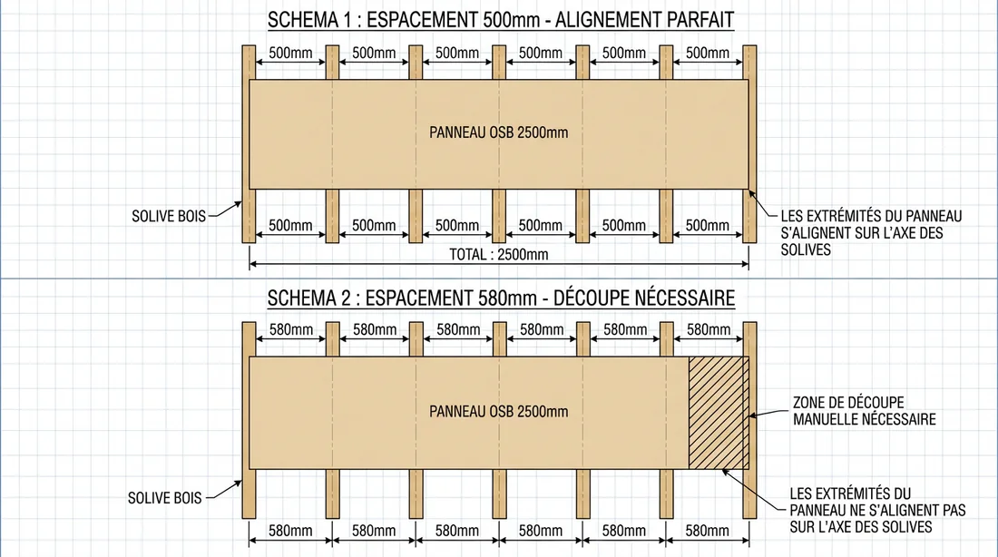 Schéma technique montrant l'alignement parfait des dalles OSB sur un entraxe de 500mm