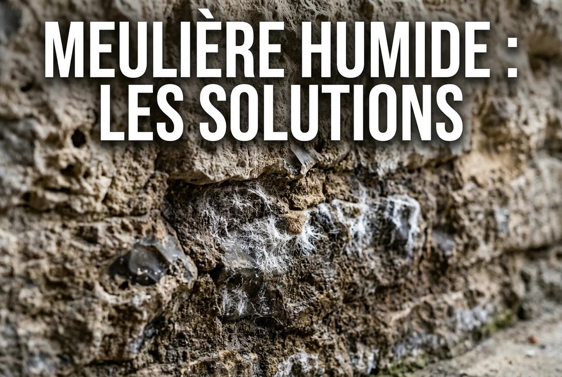 Signes de remontées capillaires et salpêtre sur un mur en meulière