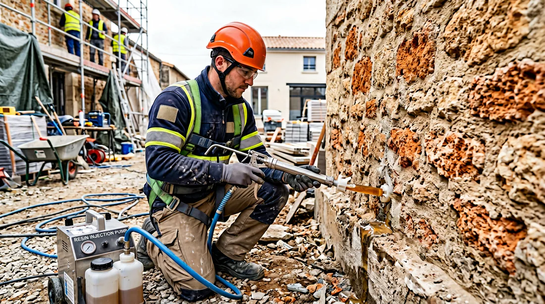 Traitement par injection de résine hydrophobe dans un mur en meulière