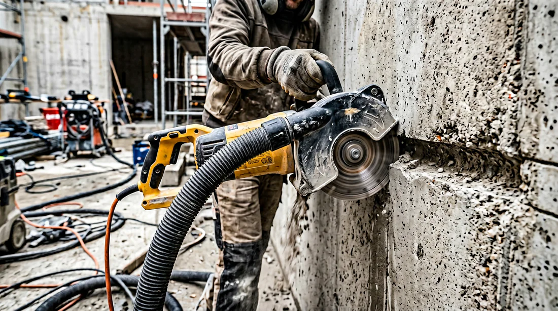 Action de découpe du mur avec une rainureuse raccordée à un aspirateur.