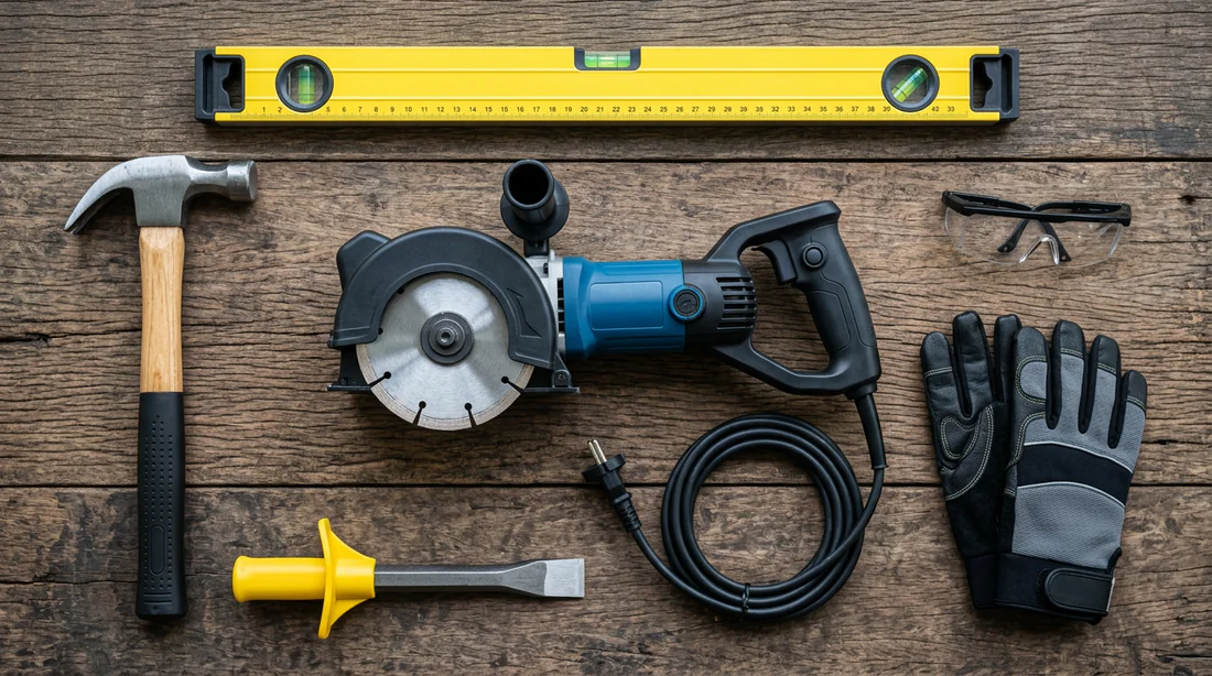 Ensemble des outils nécessaires pour réaliser une saignée murale.