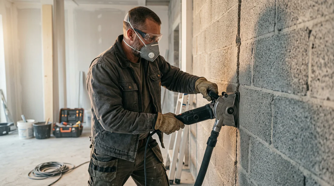 Marquage au crayon et au niveau pour le tracé des saignées.
