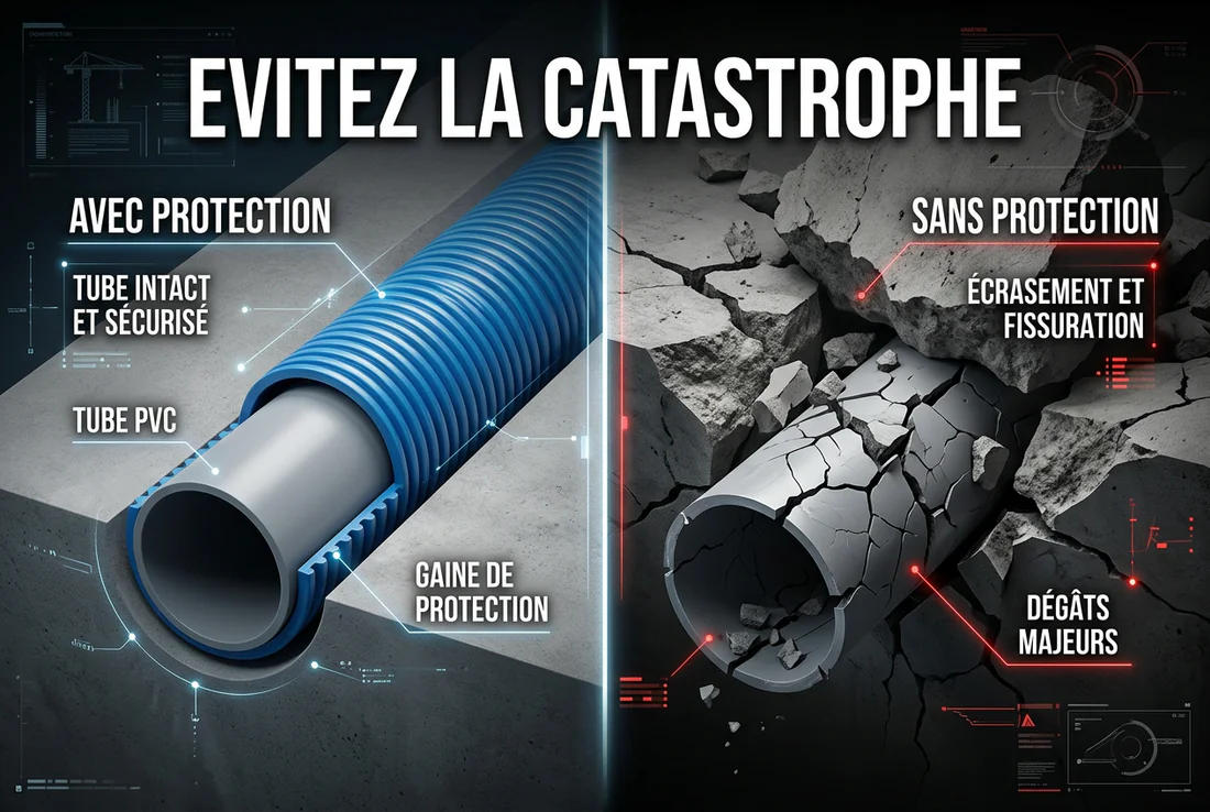 Dégâts sur un tuyau PVC écrasé par le béton à cause d'une absence de fourreau.